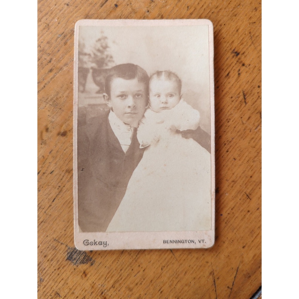 Antique Cabinet Card Boy & Child Photo 1800s Victorian Portrait Bennington VT
